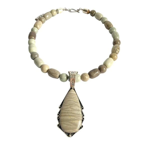 Jay King Mine Finds Necklace Gray Jasper Large Pendant Sterling Silver Beaded - Picture 1 of 13